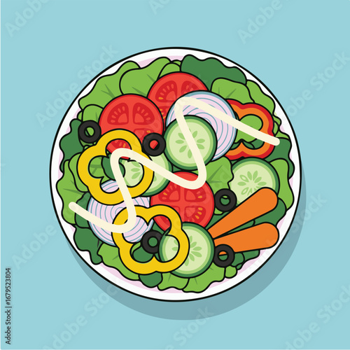 Top-down view of a colorful salad in a white bowl with lettuce, tomatoes, cucumbers, onions, peppers, olives, carrots, and a creamy dressing on a blue background.