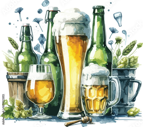 Artistic Beer Still Life Featuring Glasses Mugs and Bottles of Various Styles and Decorative Floral Elements on White Background