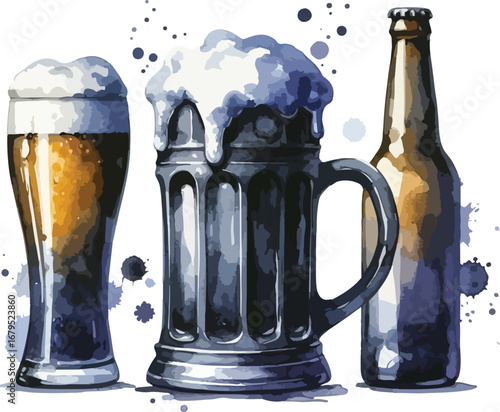 Artistic depiction of beer in a glass a stein and a bottle perfect for Octoberfest or happy hour themed designs