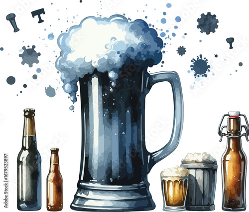 Artistic depiction of beer in various containers showcasing traditional styles and frothy beverages with decorative elements and vintage appeal