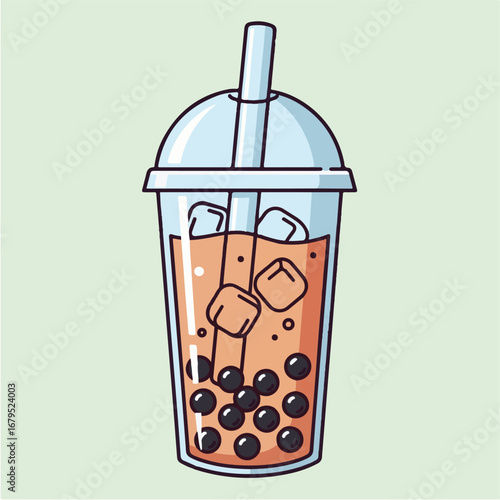 Illustration of a clear plastic cup filled with brown bubble tea, ice cubes, tapioca pearls, and a straw, set against a light green background.