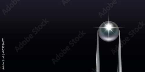 Vector Jewelry Tweezers Holding Pearl on Black Background. Luxury Pearl Jewelry Banner. Elegant Pearl Vector Template for Jewelry Store, Fashion Accessory, Gemstone Design, Precious Stone Decoration