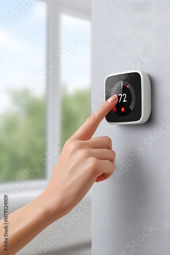 Hand adjusting modern smart thermostat on wall, displaying temperature setting, in bright room with natural light, showcasing energy efficiency and home automation technology