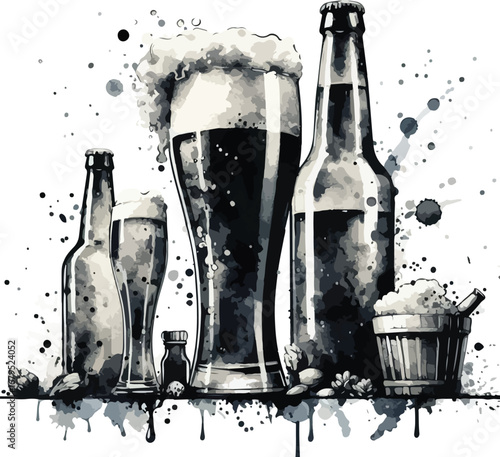 Artistic Monochrome Still Life of Beer Bottles and Glasses with Decorative Splashes Background on White