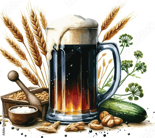 Artistic Illustration of Dark Beer with Wheat Hops and Spices for Brews and Culinary Creations