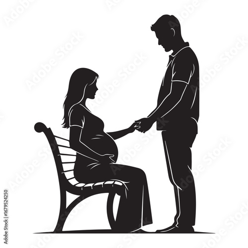 Silhouette of Pregnant Woman Sitting on Bench with Man Holding Hands pregnancy couple
