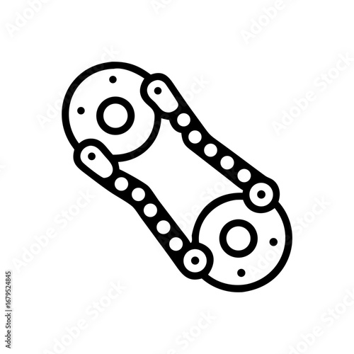 Mechanical chain and gear outline icon - Black and white outline illustration of a chain with gears, symbolizing machinery, mechanics, engineering, automotive systems, and industrial equipment.
