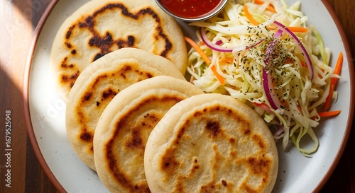 Pupusas with Curtido and Salsa: A Traditional Salvadoran Dish, Savory Stuffed Flatbreads with Fresh Slaw and Tangy Sauce