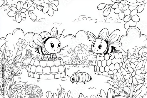 Coloring page for kids with two cute bees playing near beehive, honeycombs and flowers, cartoon kawaii line art outline, black and white vector illustration