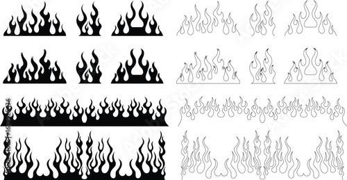Fire flame flat icon set. Bonfire silhouette logotype. Burning icons isolated on transparent background. Campfire element vector illustration. Hot energy symbol for graphic design. Blaze pictogram
