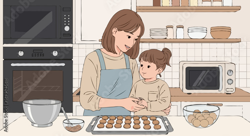 Mother and Daughter Baking Cookies with Joyful Mood in Modern Kitchen Interior