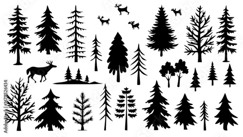 Diverse forest silhouettes featuring various pine trees and deer, perfect for nature themes