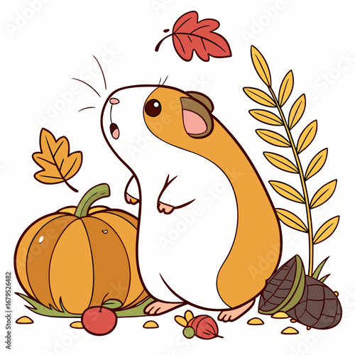 Harvest Blessings themed SVG: Surprised Guinea pig with with a stuffed animal in a Thanksgiving environment