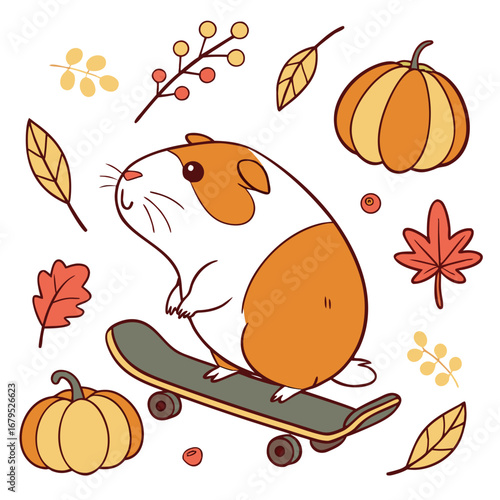 Harvest Blessings themed SVG: Relaxed Guinea pig with riding a skateboard in a Thanksgiving environment