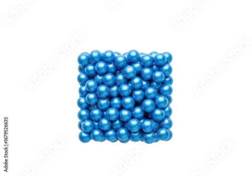 A compact cluster of vivid shimmering cerulean blue synthetic polymer granules, perfectly spherical and uniformly sized, on a transparent background with copy space. Concept of material science