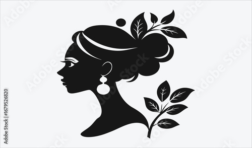 Vector floral illustration of a beautiful woman with a flower on her face in a black silhouette