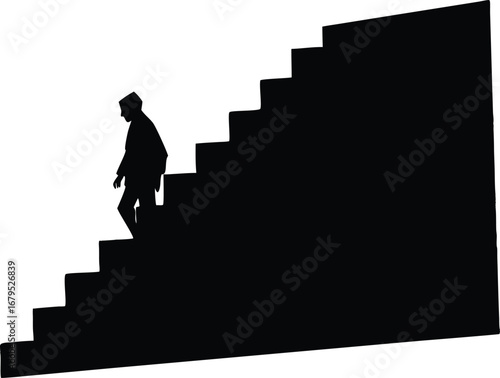 Silhouette of a person descending a stark black staircase against a white background