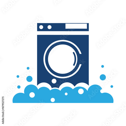 Blue washing machine with white circular door and blue bubbles laundry clean