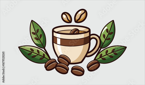 Aromatic morning coffee beverage in a hot espresso mug with beans and a steaming cup design