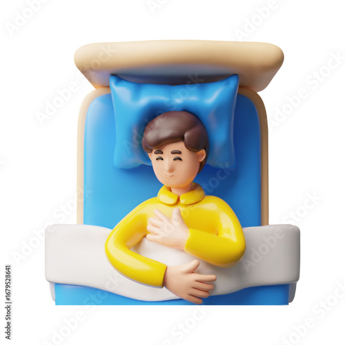 Young man in pajamas sweet dreams vector 3D plastic style, cartoon character lying on the bed, rest, relax night time