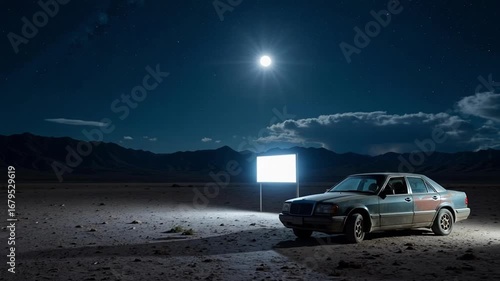 Vintage car parked at a drive-in movie screen under a stunning starry night sky with bright moon and desert landscape