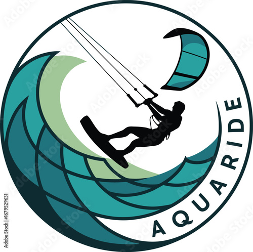 Aqua Ride Kitesurfing Silhouette on Wave Circle Water Sport Graphic Kite Surfer Icon Windsurfing Symbol Aquatic Adventure Design