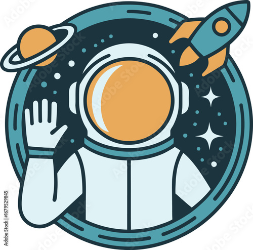 Astronaut in Space Exploration Badge with Planet and Rocket, Cosmic Adventure Emblem, Space Travel Icon, Universe Discovery