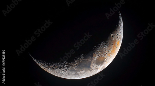 A crescent moon illuminated against a dark black sky in outer space view