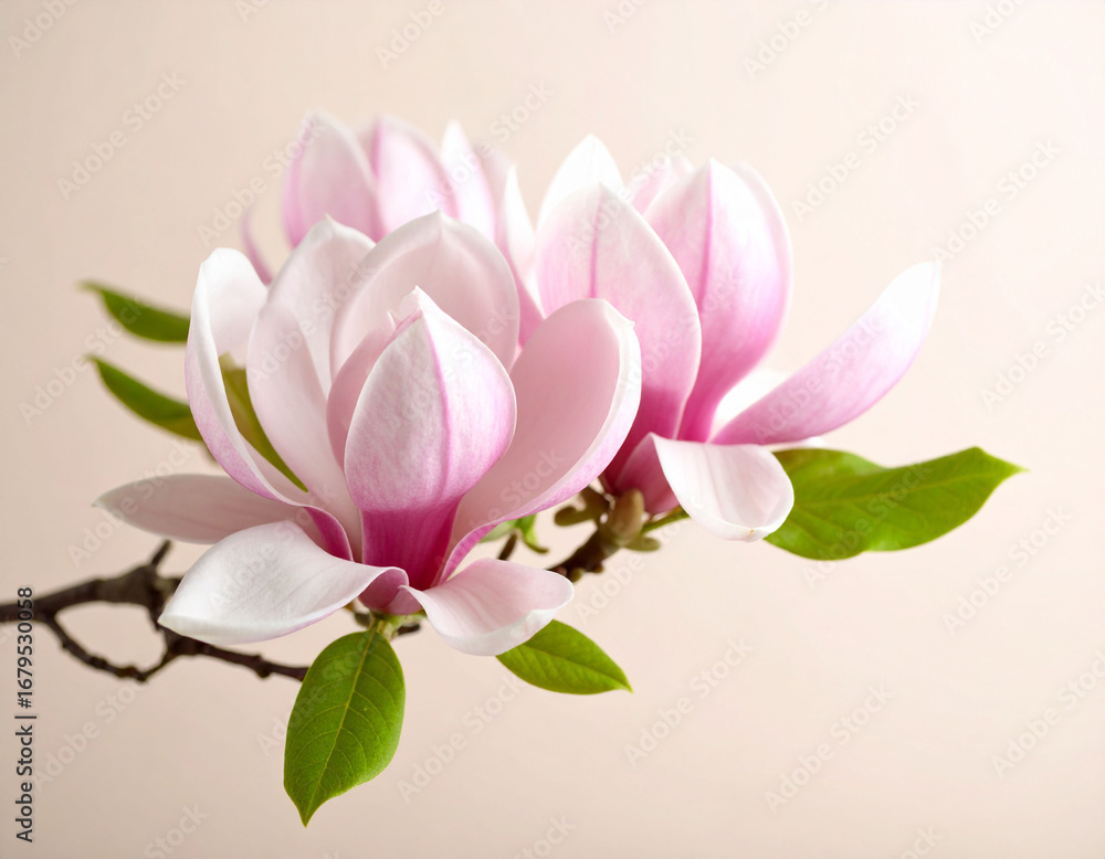 Fototapeta premium beautiful close-up photograph features two delicate pink magnolia flowers with soft, curving petals and prominent stamens. beige background