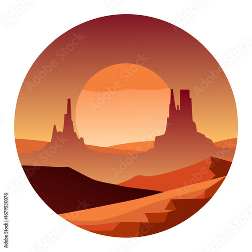 Stylized desert landscape with mesas and a large sun at sunset