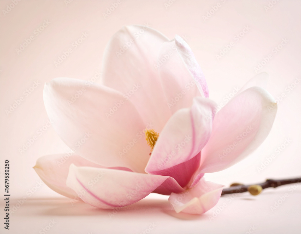 Naklejka premium beautiful close-up photograph features two delicate pink magnolia flowers with soft, curving petals and prominent stamens. beige background