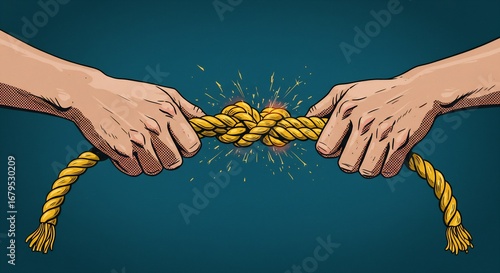 Two hands firmly grip a gold rope tied in a knot Sparks emanate from the knot The background is teal