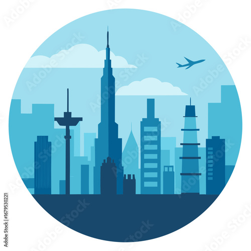Modern city skyline with tall buildings and airplane in blue tones