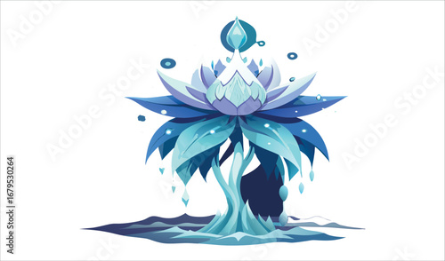 A vibrant blue water splash with a delicate water lily and a graceful butterfly, creating a floral wave illustration
