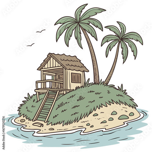 Tropical island with a wooden hut and palm trees surrounded by ocean waves