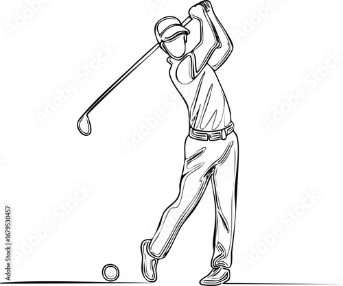 Golfer swinging club at ball sport