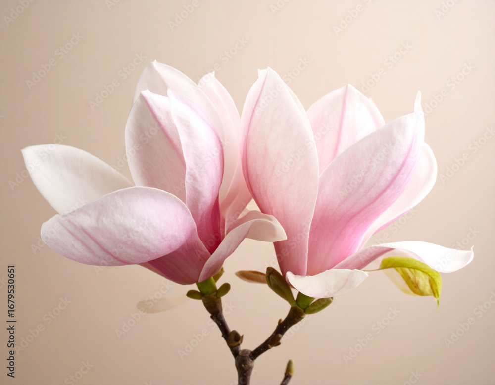 Obraz premium beautiful close-up photograph features two delicate pink magnolia flowers with soft, curving petals and prominent stamens. beige background