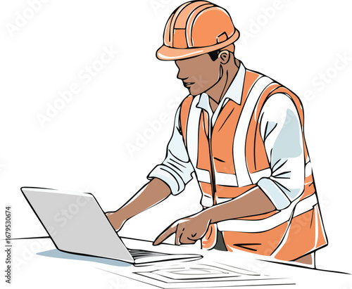 Man in hard hat and safety vest using laptop construction worker engineer