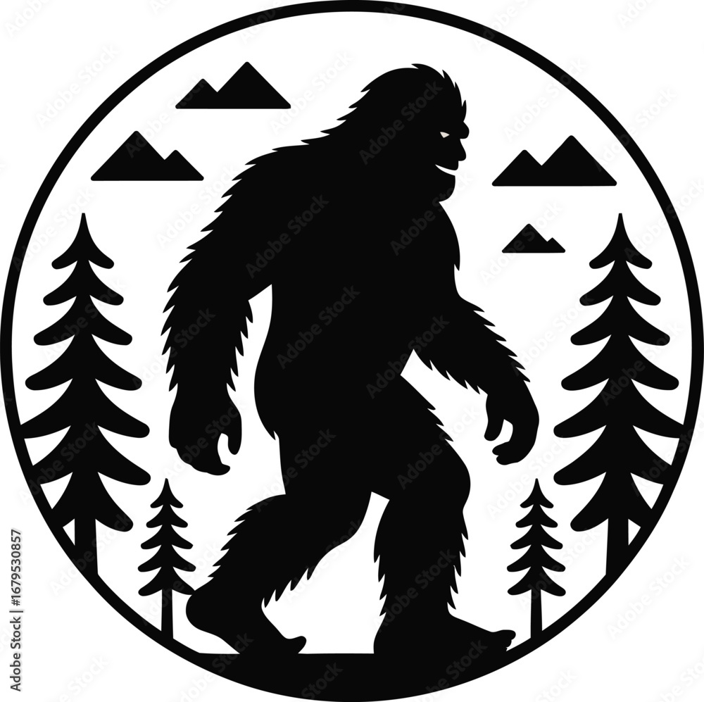 Fototapeta premium Bigfoot Silhouette in Forest Scene with Pine Trees A Cryptid Creature Design for Wilderness Exploration and Outdoor Adventure