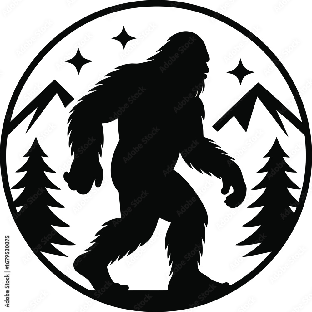 Fototapeta premium Bigfoot Silhouette in Mountain Landscape with Stars A Cryptid Creature Design for Wilderness Exploration and Outdoor Adventure