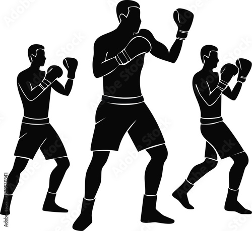 Three boxers in silhouette striking poses boxing fighters