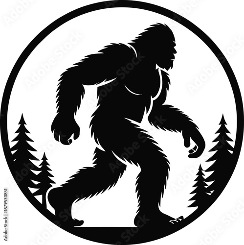 Mysterious Bigfoot Silhouette in Forest Circle Design for Cryptozoology and Wilderness Exploration