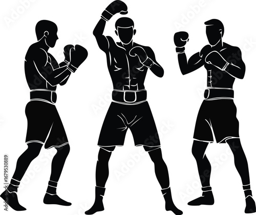 Three boxers in silhouette ready for combat boxing fighters