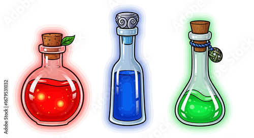 Three vibrant potion bottles exuding magical energy and charm.