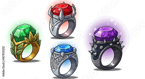 Four stylized rings with colorful gems, each one uniquely designed.