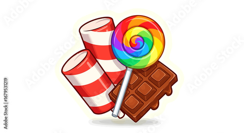 Sweet Treats Delight: A Colorful Composition of Candies, Chocolate, and Lollipop.