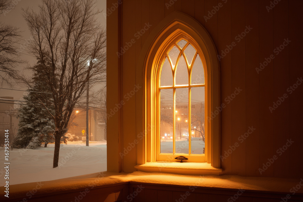 Fototapeta premium through ornate church window ultrabright golden light spills out illuminating stillness of snowy evening