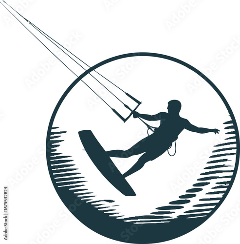 Kitesurfing Silhouette Emblem Design for Water Sports Enthusiasts and Coastal Lifestyle Branding with Dynamic Action Illustration