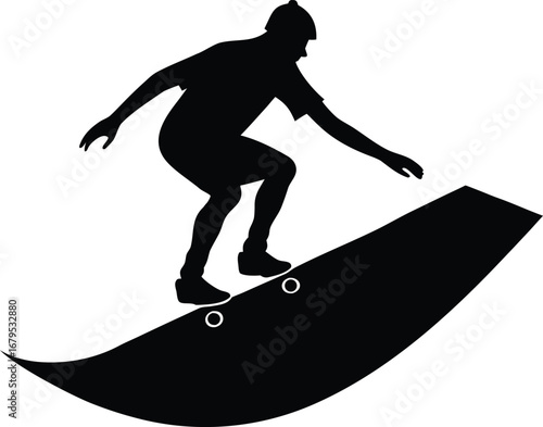 Silhouette of a skateboarder performing a trick on a ramp