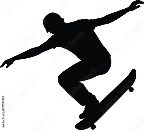 Silhouette of a skateboarder performing a trick against a white background